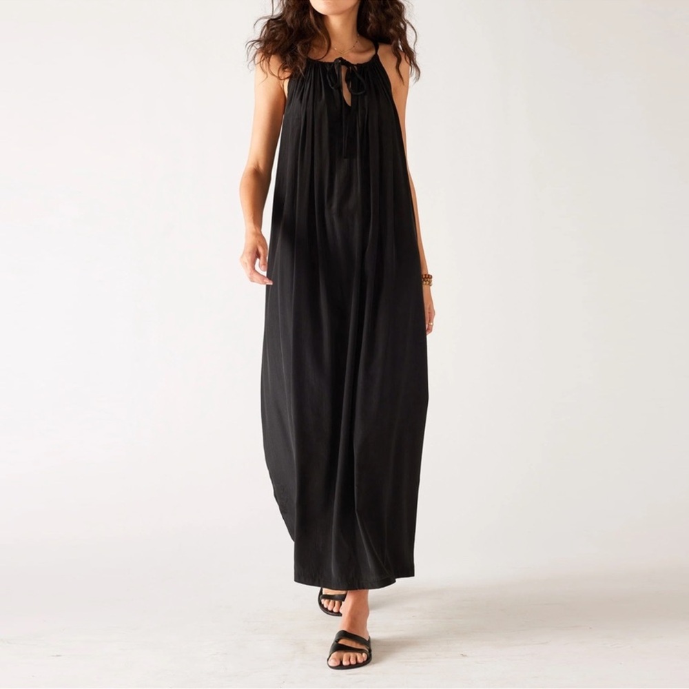 Mersea Patio Black Cotton Reversible Beach Coastal Vacation Maxi Tie Dress